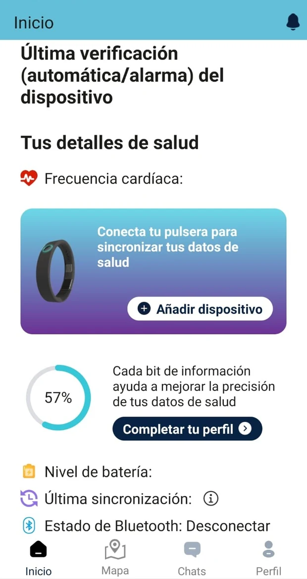 Pantalla de inicio de la app Loop SOS con los detalles de salud, batería y sincronización